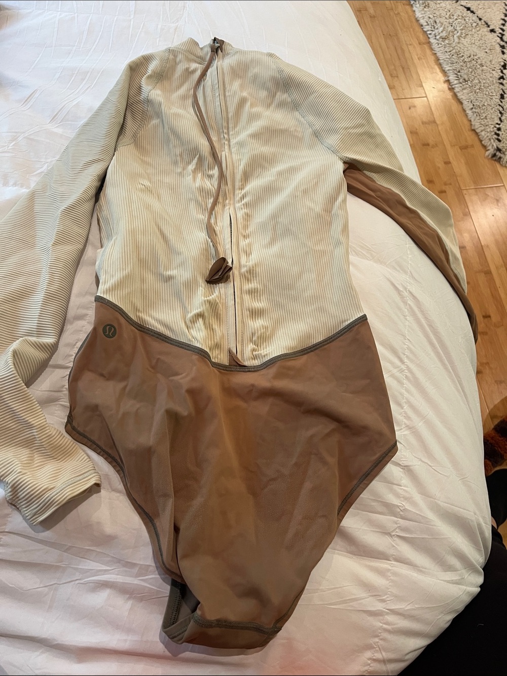 Lululemon Two-Tone Zip Front Bodysuit in Cream & Brown